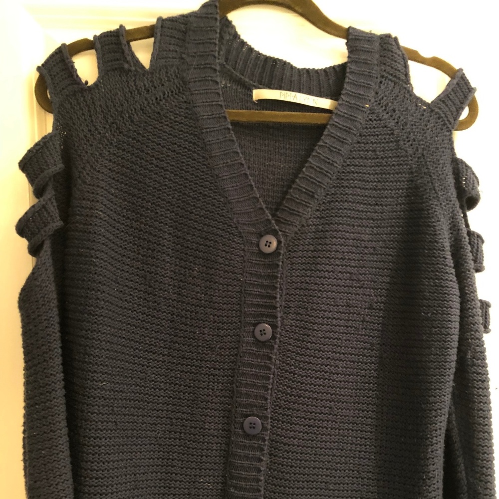 Open shoulder navy button down sweater from LF